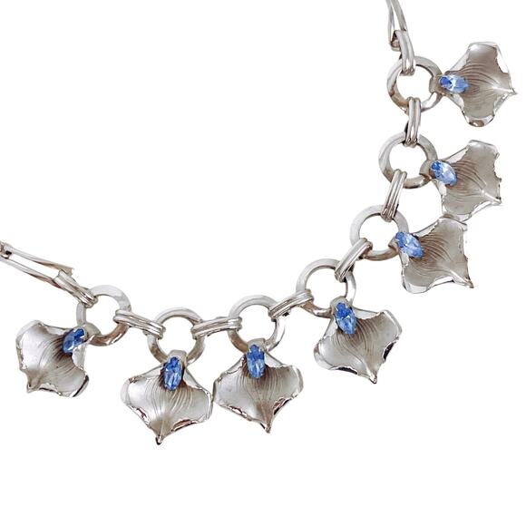 Blue Marquise Rhinestone Floral Link Necklace Silver Tone MCM Scandinavian Style - Picture 1 of 11